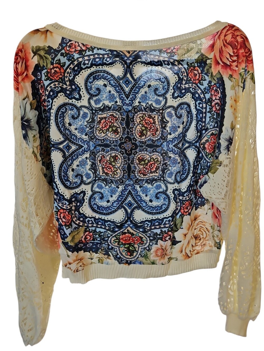 FARM Rio Azulejo Tile Blue Floral Sweater Crochet Sleeve Sz P - Picture 3 of 5
